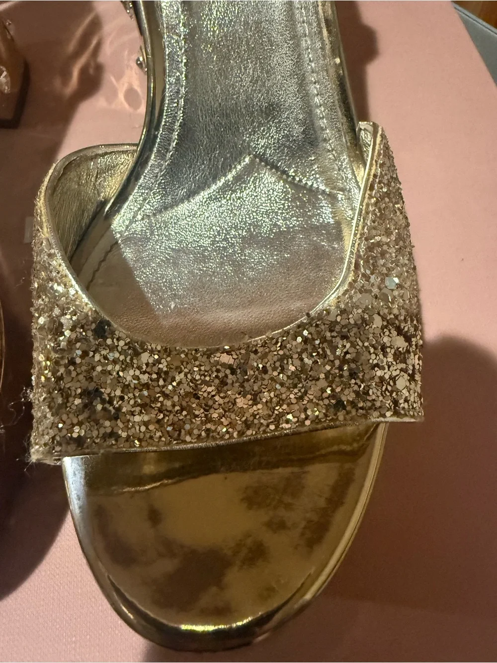 Miu Miu Gold Glitter Platform Ankle-Strap Sandals